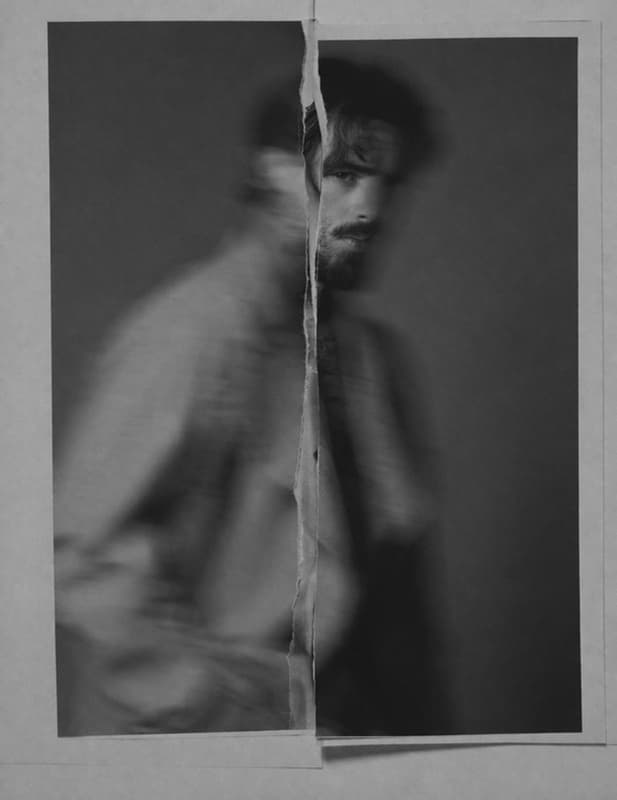 Campaign — torn photographic collage of a portrait, half in focus, half in motion