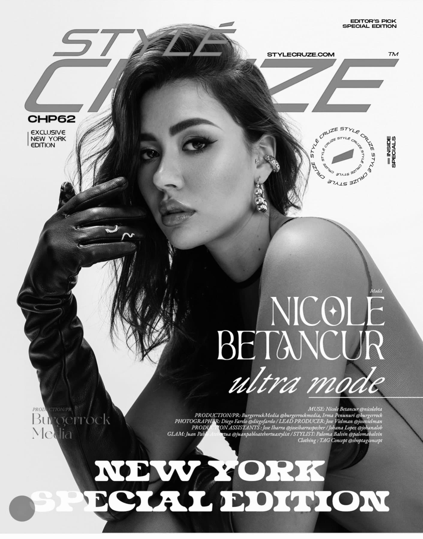 Style Cruze magazine cover — Nicole Betancur in black and white, styled by Paloma Balvin