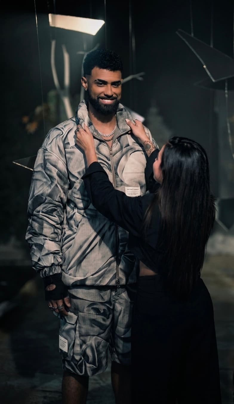 A marbled print zip jacket with matching shorts, fitted on set