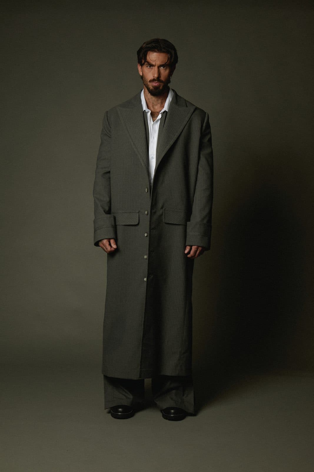 Look V — The Pinstripe Longcoat
